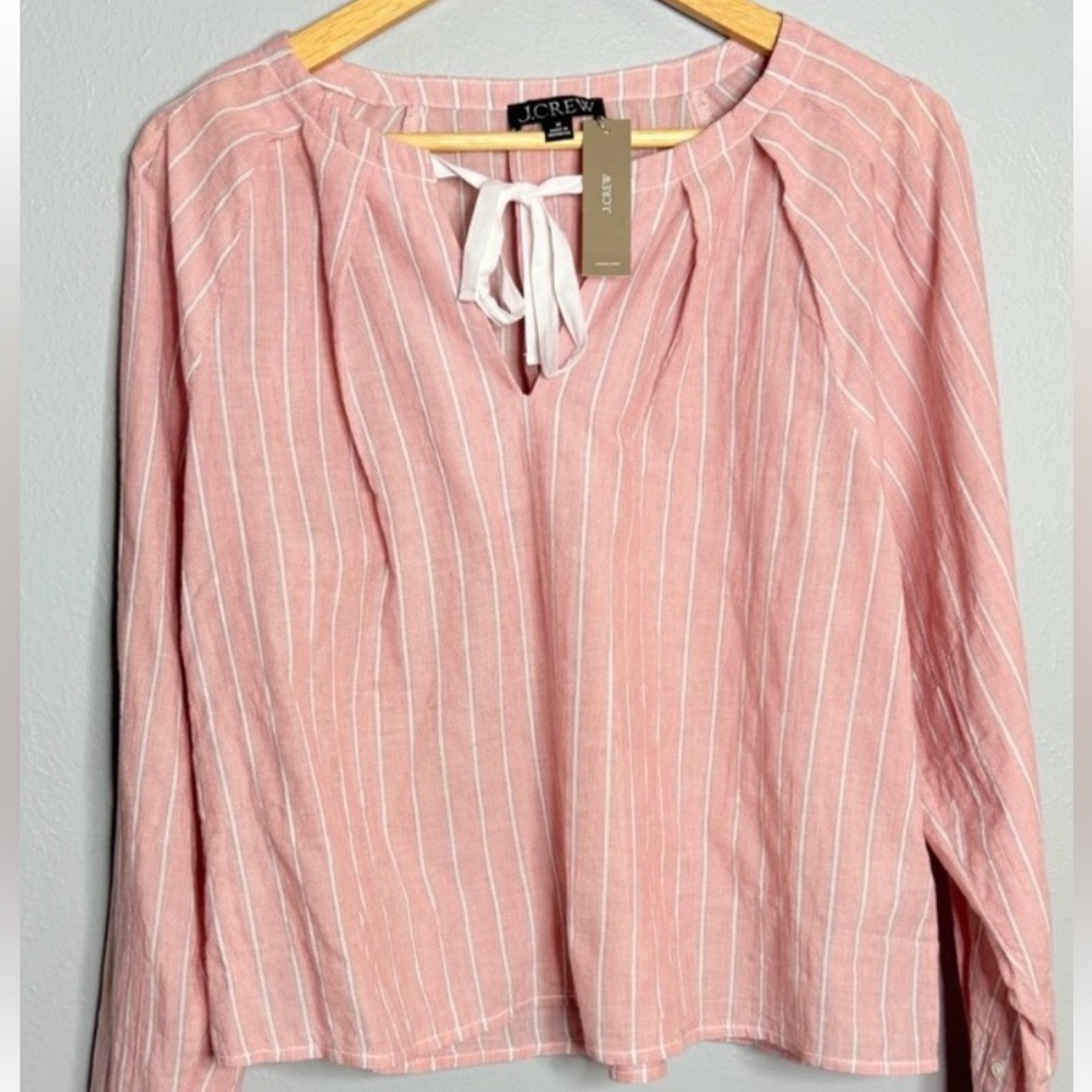 J. Crew Pink and White Striped Tie Neck Top - Small - Picture 2 of 5
